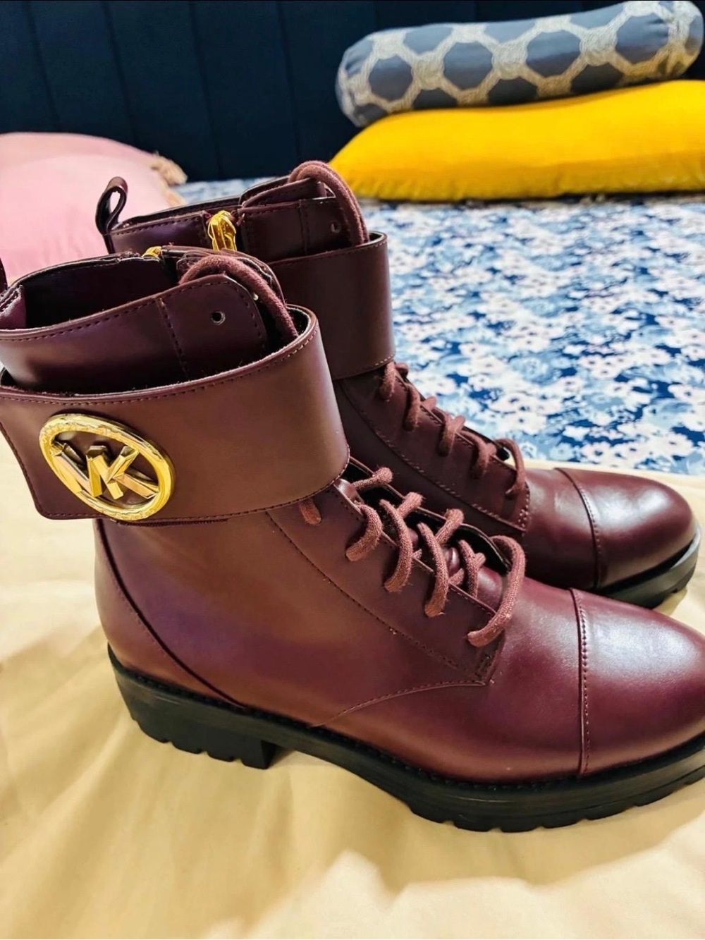 Michael Kors Maroon Leather Lace-Up Combat Boots with Gold MK Emblem